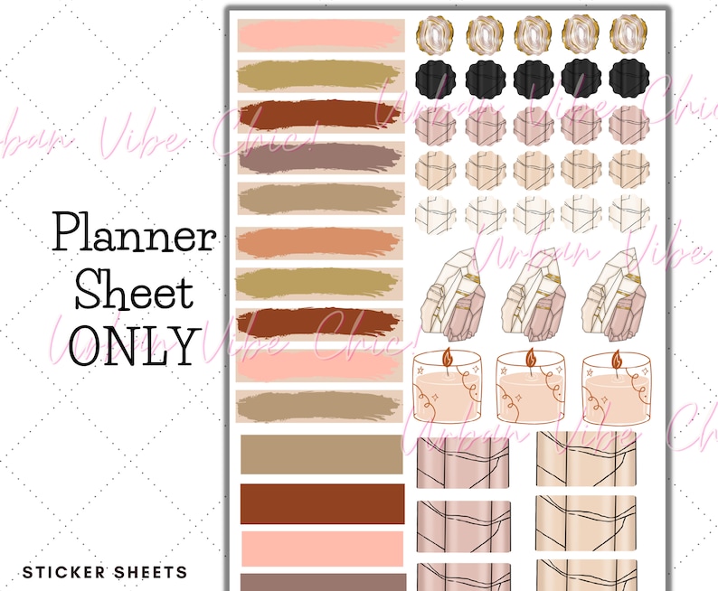 May include: A digital planner sticker sheet featuring a range of designs, including geometric patterns, crystals, candles, and brushstrokes in shades of brown, pink, and gold.