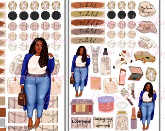 May include: A set of planner stickers featuring a woman with brown skin and curly hair wearing a blue jacket, white shirt, and blue jeans. The stickers also include a car, a laptop, a candle, a makeup palette, a lip cream, a to-do list, and other motivational phrases.