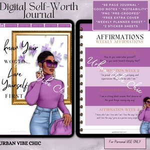 May include: A digital self-worth journal with a purple cover featuring a woman with a purple turtleneck, blue jeans, and a purple handbag. The cover text reads "Know Your Worth Love Yourself First" and "Urban Vibe Chic". The journal includes weekly affirmations and a planner sheet.