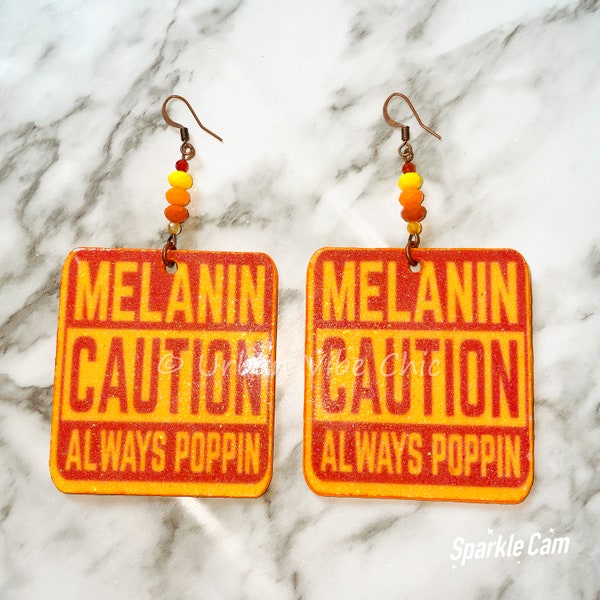 Clearance Earrings, Crochet Earrings, Black Girl Magic Earrings, Caution Melanin Always Poppin  Culture Earrings - Orange