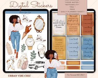 May include: Digital stickers featuring a Black woman in a white shirt and blue jeans. The stickers include a watch, a purse, a car, and a crystal. The stickers also include quotes about self-esteem and success. The text "Black Girl Lux Summer Cuties" and "Urban Vibe Chic" are also included.