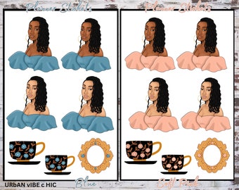 May include: Planner stickers featuring illustrations of women with long black hair wearing blue and pink dresses. The stickers are labeled "Urban Vibe Chic" and "Blue" on the left and "Soft Pink" on the right. The stickers also include illustrations of teacups and decorative frames.