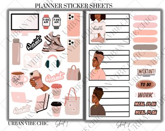 May include: Two sticker sheets with a pink and brown color scheme. The first sheet features illustrations of a laptop, coffee cup, workout equipment, and a woman's arm holding a phone. The second sheet features illustrations of a woman with a pink hoodie, a woman with a pink turban, and a woman with a brown turban. The second sheet also includes a to-do list, a work section, and a meal plan section.