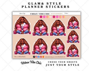 May include: A set of planner stickers featuring illustrations of women with long brown hair wearing pink fur coats and holding coffee cups. The stickers are designed in a glam and stylish aesthetic and are labeled "Urban Vibe Chic Stationery".