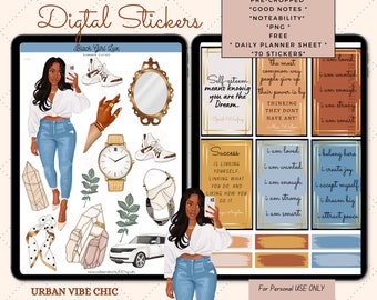 May include: Digital stickers featuring a Black woman in a white shirt and blue jeans, with a variety of illustrations including a mirror, a watch, a purse, a car, and crystals. The stickers also include motivational quotes such as "Self-esteem means knowing you are the Dream." and "Success is linking yourself, linking what you do, and liking how you do it."