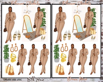 May include: Planner stickers featuring a woman in a beige outfit with different hairstyles. The stickers include a mirror, a plant, earrings, rings, and bags. The text "Urban Vibe Chic" and "Blk Hair" and "Brown Hair" are included in the image.
