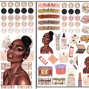 May include: A set of planner stickers featuring a woman with dark skin, crystals, candles, makeup, and motivational quotes. The stickers are on a white background with a gold and brown colour scheme. The text on the stickers includes "To do list", "Melanin Magic", "You Got This", "Fenty", "Love your self first", "i am learning & growing", and "lip cream".