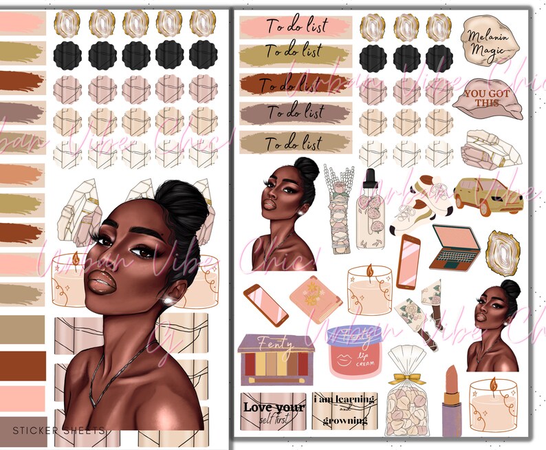 May include: A set of planner stickers featuring a woman with dark skin, crystals, candles, makeup, and motivational quotes. The stickers are on a white background with a gold and brown colour scheme. The text on the stickers includes "To do list", "Melanin Magic", "You Got This", "Fenty", "Love your self first", "i am learning & growing", and "lip cream".