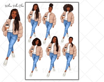 May include: Digital clipart set of seven illustrations of women wearing beige puffer jackets, blue jeans, and white shirts. Each woman is holding a cup of coffee. The text "Urban Vibe Chic" is at the top of the image.