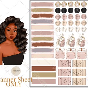 Pode incluir: Uma folha de planejador com uma variedade de adesivos. Os adesivos apresentam uma mulher com pele morena e cabelo encaracolado, velas, cristais e padr&otilde;es geom&eacute;tricos em tons de marrom, rosa e dourado.
