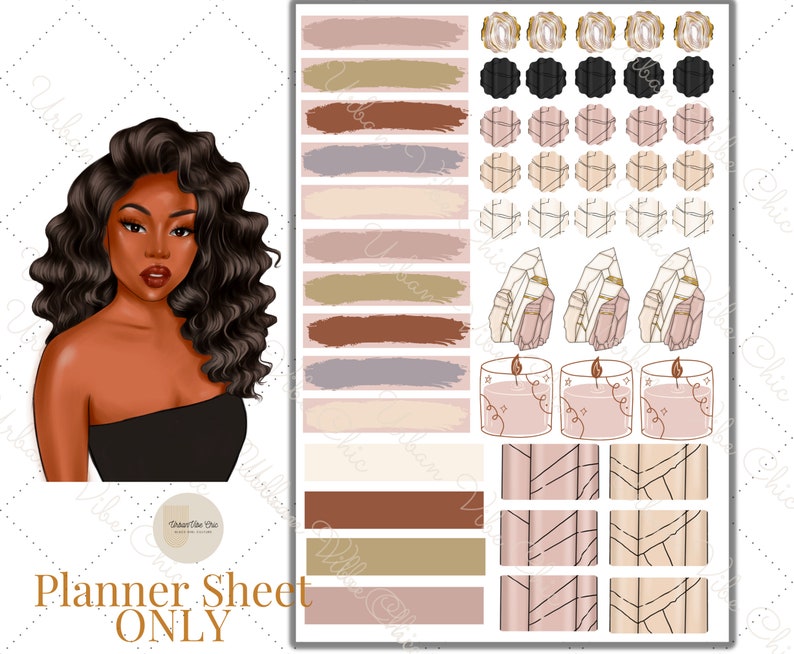 Pode incluir: Uma folha de planejador com uma variedade de adesivos. Os adesivos apresentam uma mulher com pele morena e cabelo encaracolado, velas, cristais e padr&otilde;es geom&eacute;tricos em tons de marrom, rosa e dourado.