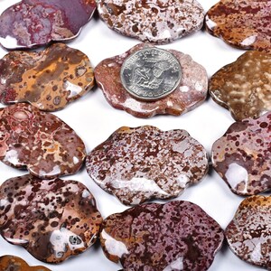 May include: A collection of 15 irregularly shaped, polished, natural stone beads. The beads are a mix of brown, white, and pink with a mottled pattern. The beads are approximately 2.5 cm in length.