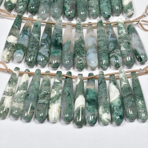 35mm Natural Green Moss Fossil Agate Long Teardrop Pair Beads-Moss Agate Teardrop Beads Strand 6 Beads/Strand (2952-60)