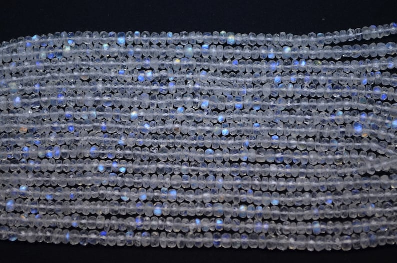 Vivid AAA 16 Inch Strand 3.5-4mm Blue Flash Natural White Rainbow Moonstone faceted Rondelle Beads Strand-Lustrous Vivid Moonstone #B3.5-4