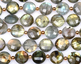 9 beads 14mm Natural Labradorite Golden/Green/Blue Faceted  Coin Shape Briolette Beads For Jewelry Making (7780-84)