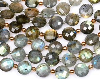 12mm Natural Labradorite Golden/Green/Blue Faceted  Coin Shape Briolette Beads For Jewelry Making 12 Beads (7775-79)