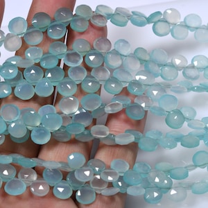 10 Inch 6-7mm Natural AQUA CHALCEDONY Faceted Tiny Faceted Heart Briolette Beads Strand 62-63 Beads Apx(8093-98)