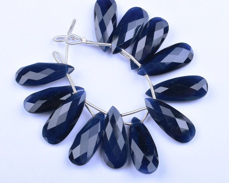 2386-87 Cat/'s Eye Effect AAAA 3 Matched Pair 10x25mm Deep Blue Quartz MicroFaceted Pear Briolette Beads Strand