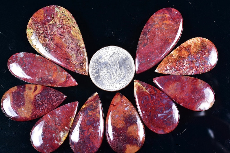 6303-06 10 Pcs Lot Natural RED MOSS AGATE Pear Shape Cabochon 19x35x4-29x48x5mm 280 Cts