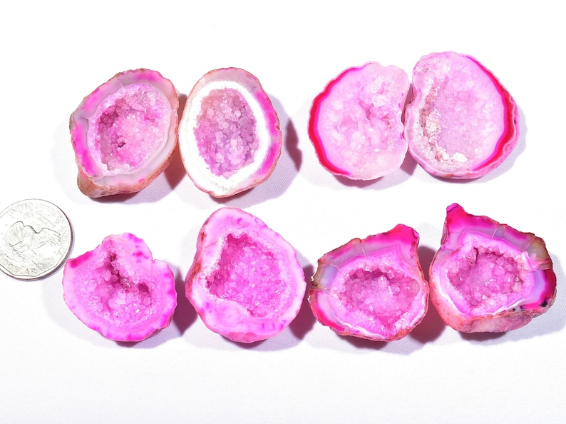 4 Pair Natural Pink Agate Geode Druzy Pair BeadsPink Open Geode With Druzy Pair 33x36x14-34x43x13mm 815 Cts 7363-64