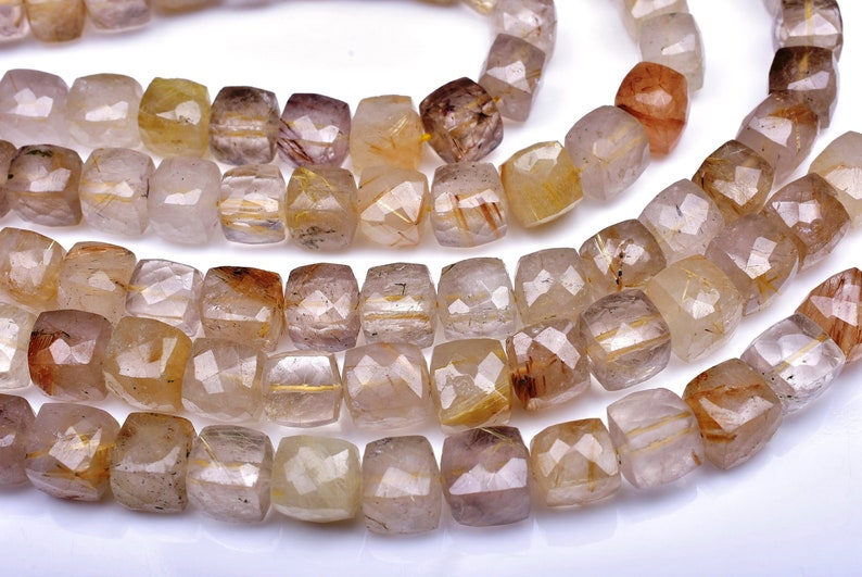 2995-98 AA 10 Inch 7-9mm Natural Golden Rutile Quartz Faceted 3D Cube Briolette Beads Strand-Golden Rutile Cube Beads-30 BeadsStrand