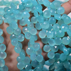 7 Inch 8-12mm Natural Lustrous AQUA CHALCEDONY HEART Faceted Heart Shape Briolette Beads Strand 38-40 Beads(1245-56)