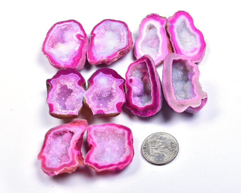 0549-50 5 Pair Natural Pink Agate Geode Druzy Pair BeadsPink Open Geode With Druzy Pair 34x39x12-33x41x4mm 1035 Cts