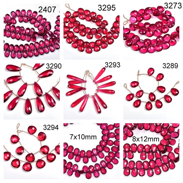 Vivid Lustrous Rubellite Quartz 10mm/12mm/14mm Heart/7x10/8x12/9x14mm Pear/10x25/12x14mm Pear 35mm Elongated Drops Briolette Beads Strand