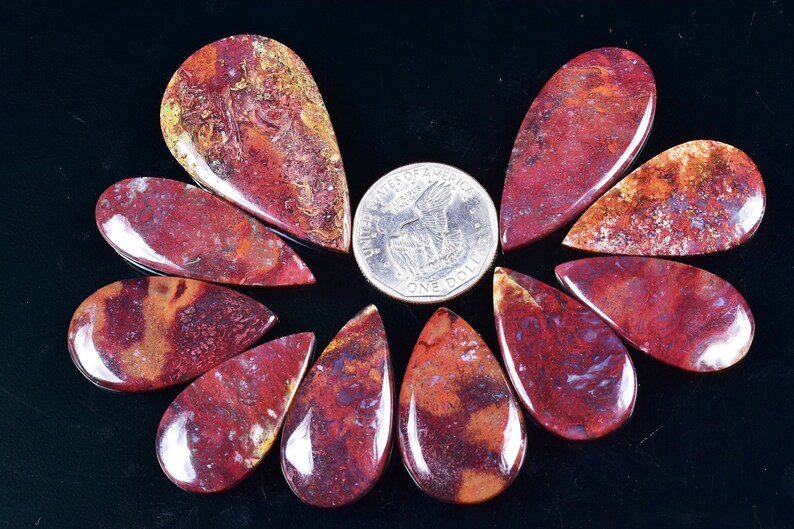 6303-06 10 Pcs Lot Natural RED MOSS AGATE Pear Shape Cabochon 19x35x4-29x48x5mm 280 Cts