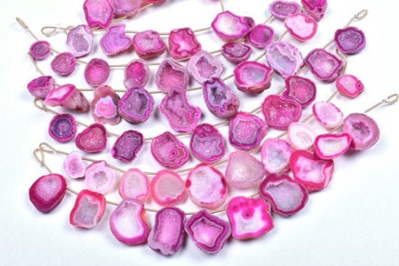 Pink Geode Druzy Beads Strand Border Polished Geode Beads Strand 10 Beads  (1736-8574)