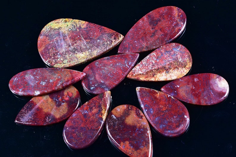 6303-06 10 Pcs Lot Natural RED MOSS AGATE Pear Shape Cabochon 19x35x4-29x48x5mm 280 Cts