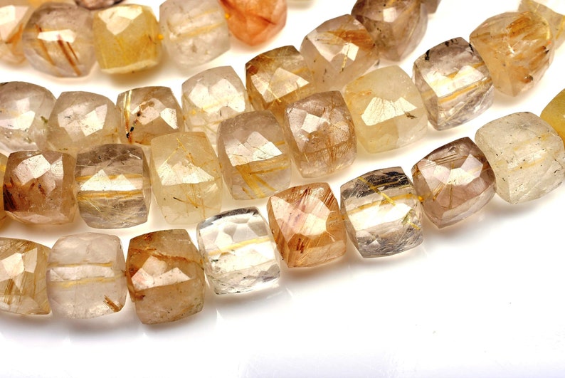 2995-98 AA 10 Inch 7-9mm Natural Golden Rutile Quartz Faceted 3D Cube Briolette Beads Strand-Golden Rutile Cube Beads-30 BeadsStrand