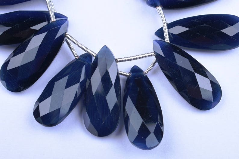 2386-87 Cat/'s Eye Effect AAAA 3 Matched Pair 10x25mm Deep Blue Quartz MicroFaceted Pear Briolette Beads Strand