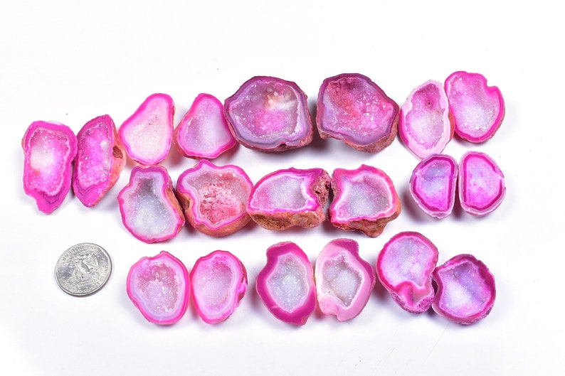 0721-22 10 Pair Natural Pink Agate Geode Druzy Pair BeadsPink Open Geode With Druzy Pair 21x33x9-39x44x13mm 1215 Cts