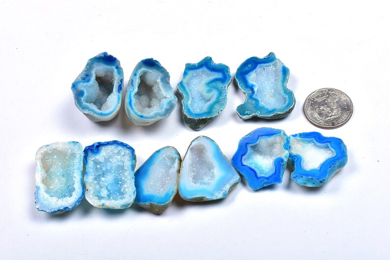 0378-80 5 Pair Natural Sky Blue Agate GeodeSky Blue Agate Open Geode With Druzy Pair 31x32x13-32x43x7mm 710 Cts