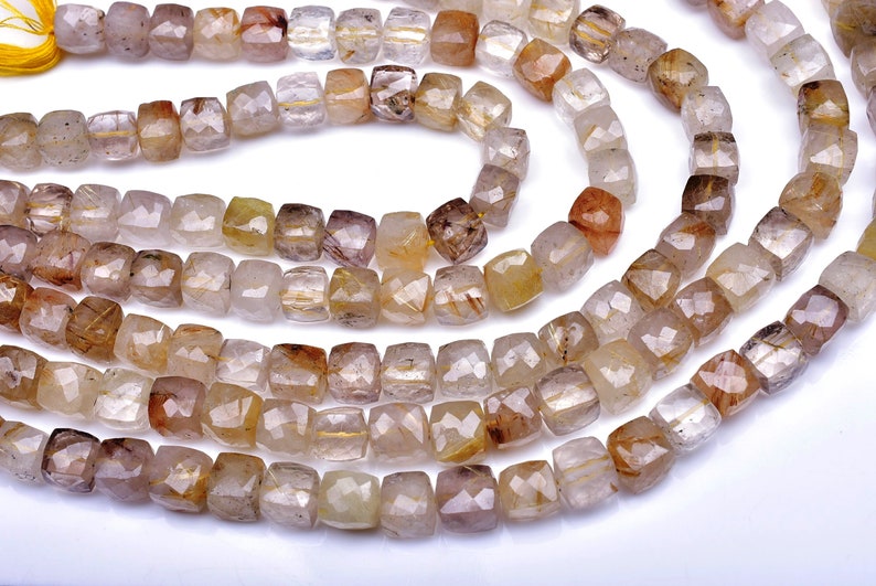 2995-98 AA 10 Inch 7-9mm Natural Golden Rutile Quartz Faceted 3D Cube Briolette Beads Strand-Golden Rutile Cube Beads-30 BeadsStrand