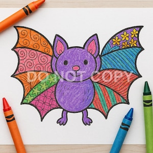 May include: A purple bat drawing with patterned wings and the text "DO NOT COPY". The wings are decorated with orange, green, blue, and pink patterns. Crayons in orange, red, blue, and green surround the drawing.