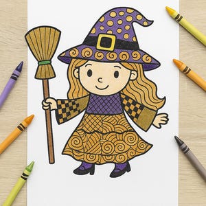 May include: A cartoon illustration of a witch holding a broom. The witch wears a purple and orange dress, a black and purple hat with yellow polka dots, and black shoes. Crayons in various colors surround the image on a wooden surface.
