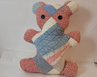 Vintage Quilted Teddy Bear: 1940s Cutter Quilt Patchwork Plush