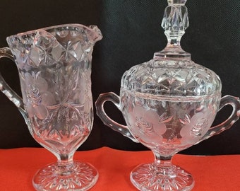 Vintage  Crystal  Glass Covered Sugar Bowl and Creamer Set Etch Rose and leaf Pattern Elegant