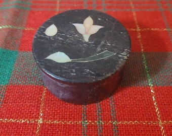 Vintage Soapstone Trinket Box: Hand Carved Floral Mother of Pearl Inlay