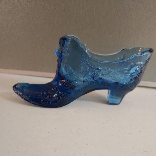 Vintage Fenton turquoise glass slipper cabbage Rose design Fenton art glass candy dish Blue Glass planter Victorian shoe embossed roses