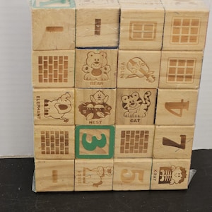 May include: A set of twenty light-colored wooden blocks arranged in a grid and wrapped in clear plastic. The blocks feature engraved images of animals, objects, numbers, and words including Elephant, Bear, Violin, Nest, Cat, Horse, and X-Ray.