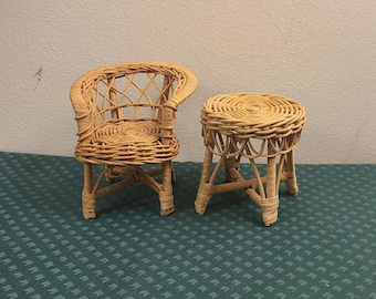 Vintage Miniature Wicker Furniture - Doll Chair and Table