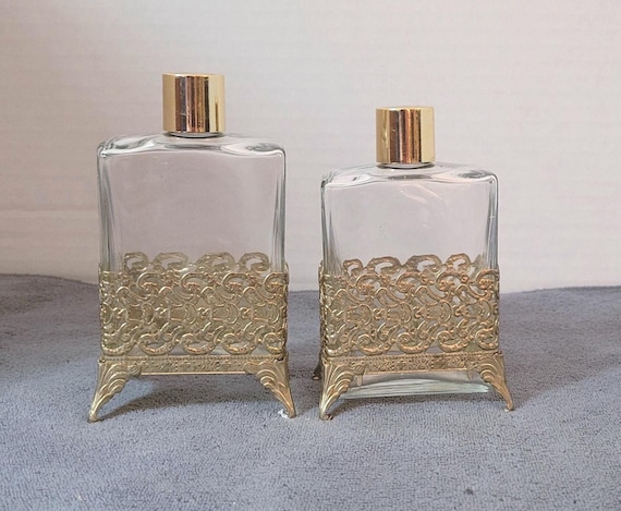 Vintage Perfume Bottle / Glass and Gold Ornate Standing Bottle