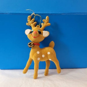 Flocked Reindeer Ornament, Vintage Christmas Ornament, Flocked Deer, Rudolph Ornament