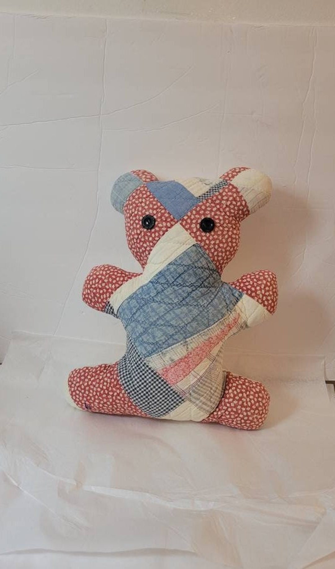 Intage Quilted Teddy Bear, 1940s Fabric Teddy Bear, Quilted Stuffed
