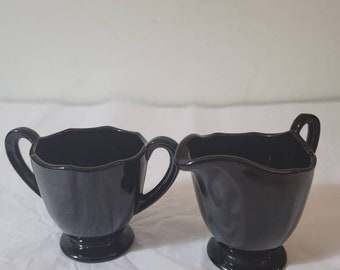 Vintage Fostoria Fairfax Black Amethyst Glass Creamer and Sugar Set