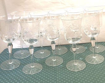 Vintage Etched Wine Glasses Set: Wild Rose Floral Stemware
