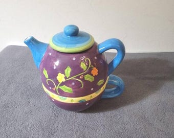 Vintage Tea for One Set: Purple Floral Ceramic Teapot & Teacup - 1990s Kitchen Decor